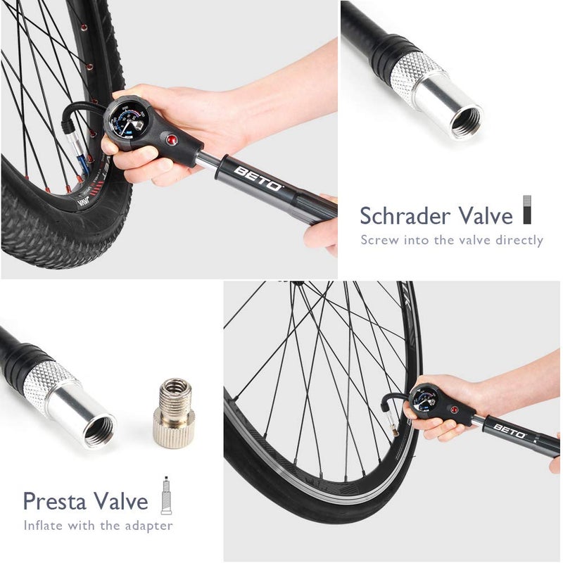 Beto Bike Tire/Shock Pump MTB, 300psi High Pressure for Rear Shock & Suspension Fork, Mountain Bike/Motorcycle, Schrader & Presta Valve Adapter, with Dial-Gauge/Bleed Valve/Mounting Bracket - Image 5